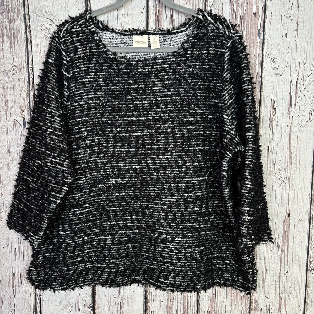 Chico’s 3 | XL Marled Black White Textured Fuzzy Sweater Top 3/4 Sleeve Pullover